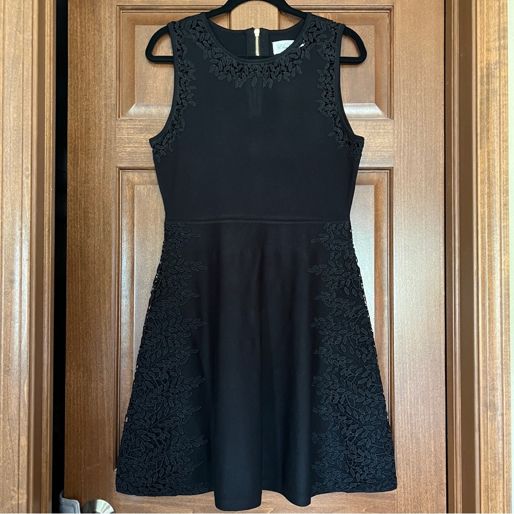 Black sleeveless Eliza J dress with lace details